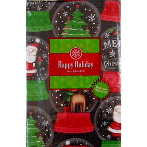 New Christmas Vinyl Tablecloth Black Snowglobe Santa 52" x 90" Happy Holiday